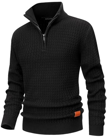 CoXuantion Jersey de Punto para Hombre Invierno Cuello Alto Color Sólido Suéter Punto Grueso Caliente Suéter Manga Larga Regular Fit con 1/4 Cremallera JerséIs XXL,Negro