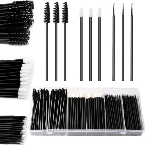 BUYBLIFE 300 st engångs mascara-stavar läppapplikator sminkborstset, 100 st mikroborstar + 100 st ögonfransborstar + 100 st läppstiftsstavar med organiseringslåda svart