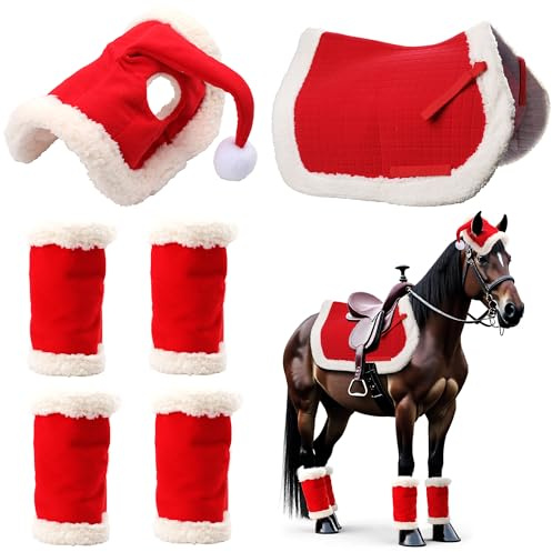 Déguisement de Noël pour chevaux accessoires à porter：Sunnyload Ensemble de housses de selle de Noël avec enveloppes pour jambes de Père Noël en fausse fourrure et bonnet de Noël joyeux pour casque d