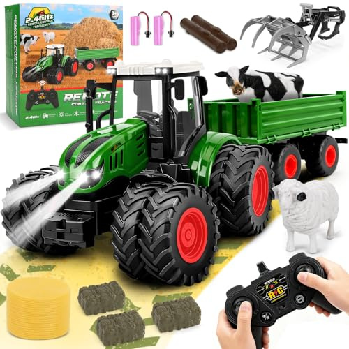 Herenear Tractor Teledirigido para Niños, Tractor RC con Remolque y Luz, Juguete Transportador Set, Pinza Funcionales, Maderas para Niños de 3 a 7 Años (Verde)