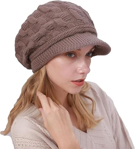 AYPOW Bonnet Hiver pour Femme, Doublé en Polaire avec Bord, Tricoté Chaud Protection des Oreilles Chapeau d'hiver à visière, Béret Chapeaux Thermique, Casquette Hiver Quotidien pour Femme, Beanie Caps