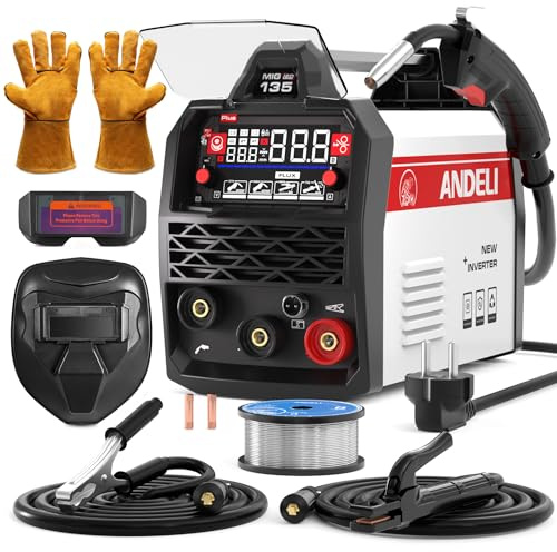 ANDELI 135A 4-in-1 Saldatore compatto con Filo animato MIG/MAG & PULSO – Set completo 230V con Casco e Guanti – Ampio display LED e sinergia – Per MIG, TIG Lift & MMA – Pronto all’uso