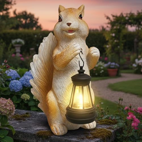 Solar Squirrel Garden Ornaments Outdoor- Squirrel Garden Statues Decor with Solar Lantern, Funny Home Decorations for Yard, Patio, Unique Birthday Housewarming Gifts for Women, Mum