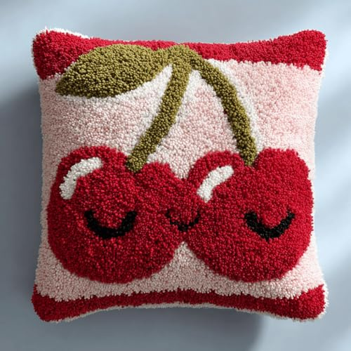 Taxpy Latch Hook Kits for Adults Beginners,Cherry Pre-Printed Latch Hook Pillow Kit,Craft Rug Making Kits,DIY Embroidery Cushion for Home Sofa Decor & Gift Idea 17X17 in.