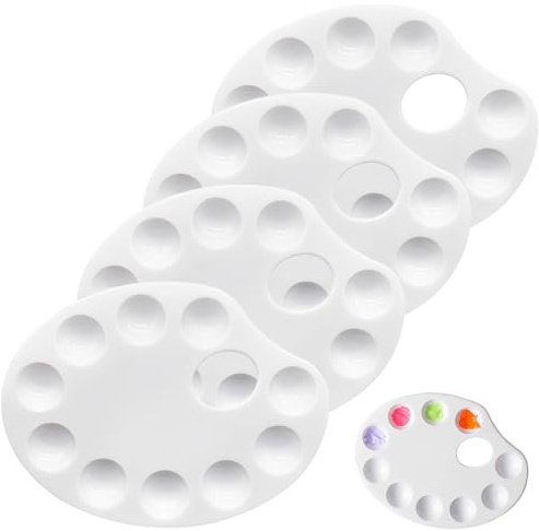 YIPFEN 4 piezas Paletas de mezcla redondas de plástico con 10 compartimentos, universal para manualidades, paleta acuarela, de alta resistencia, Pintura al óleo, Acuarela acrílica (22.5 cm) (Blanco)