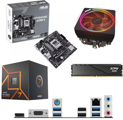 AMD Ryzen 7 7700 3.8Ghz (Turbo 5.3Ghz) 8 Core 16 Thread CPU, ASUS PRIME A620M-K Motherboard & 16GB 5600Mhz ADATA DDR5 RAM Pre-Built Bundle