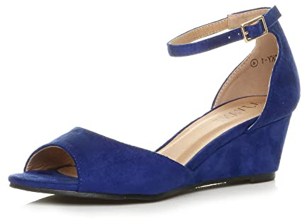 Womens Ladies Low mid Wedge Heel Ankle Strap Casual Evening Sandals, 5 UK, Cobalt Blue Suede