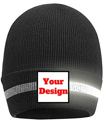 YOWESHOP Hi Vis Safety Beanie Hat Customize Your Logo Winter Knit Hat with Reflective Strips Unisex (Black)