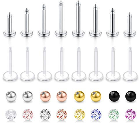 Longita 16 Stück Piercing Barbell 16G Chirurgenstahl & Acryl Tragus Ohrstecker Labret Monroe Lippe Ring Bar 4/5/6/8mm Schmuck mit 3mm Ersatzkugeln
