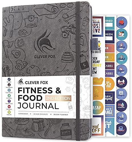 Clever Fox Fitness & Food Journal – Nutrition & Workout Planner for Women & Men – Diet & Gym Exercise Log Book with Calendars, Diet & Training Trackers - Undated, A5 Size, Hardcover (Grey)