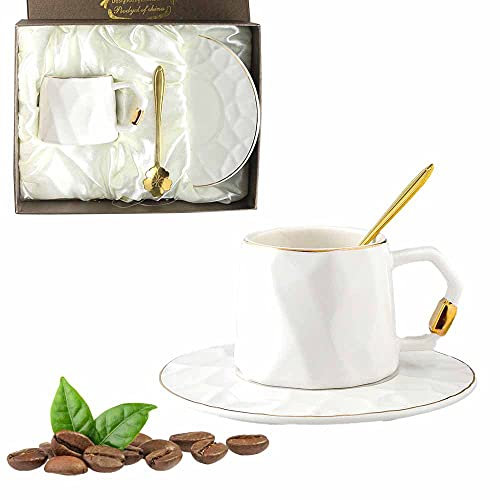 Watenkliy Klein Kaffeetassen mit Untertassen und Löffeln, 3-teilig Porzellan 180ml Gold Rand Tee Tassen für Kaffee, Eiskaffee, Espresso,Tee (Weiss)