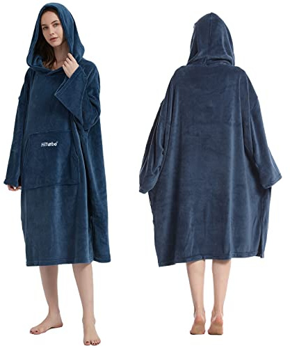 Hiturbo Bademantel, Damen Herren Robe, Unisex, Einheitsgröße, Warmer Weicher Fleece Mogenmantel mit Kaputze, für Strand, Schwimmbad, Zuhause
