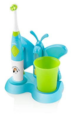 ETA Zubnicka Kinderzahnbürste mit Batterie I rotierender Bürstenkopf I Sanduhr als Schmetterling I 4500 Schwingungen/min I Blau
