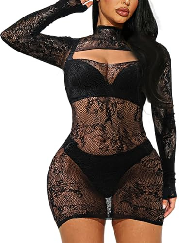 Buitifo Vestido de Lencería de Mujer Pijama Mini Vestido de Red de Pesca Bodycon(Negro 90Q,M)