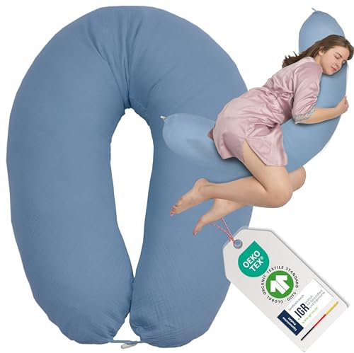 sei Design XXL Stillkissen 190x30 mit Musselin-Bezug ergonomisch, Schwangerschaftskissen Seitenschläferkissen Komfortkissen für Erwachsene, Stillkissenbezug aus 1100% Baumwolle [ Bio-Baumwolle ]