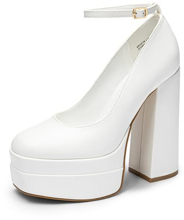 DREAM PAIRS Scarpe Y2K da donna con plateau, tacco alto, punta chiusa, tacco alto, punta quadrata, cinturino alla caviglia, alla moda, Poliuretano bianco., 37 EU