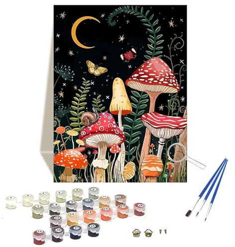 wonloong Mushroom DIY Paint by Number for Adults Beginner, Paint by Numbers for Kids, Oil Painting Acrylic Paint Set, Easy to Color and Odorless on Canvas, Home Wall Decor Gift 15.7x19.7 Inch