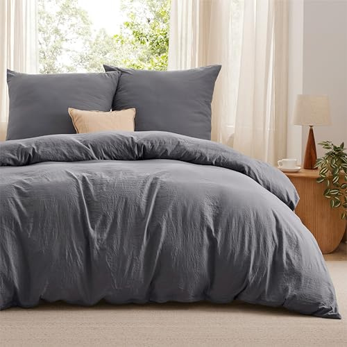 Bedsure Biancheria da letto 220x240 3 pezzi Set di biancheria da letto - Simile al cotone morbido 1 copripiumino 240 x 220 cm e 2 federe 80x80 cm,Antracite con cerniera lampo