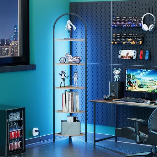 Homhedy Scaffale angolare a 5 ripiani con luce, libreria angolare da parete con struttura in metallo, scaffale per bagno, supporto per piante, stile industriale, marrone rustico e nero