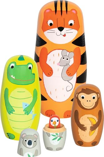 goki 60661 - Matroschka Puppen Tiger Tavi und Seine Freunde aus Holz, Tier-Stapelspiel Klassiker, Lernspielzeug zur Förderung der Motorik und Größenverständnisse, 5er Set, ab 2 Jahre
