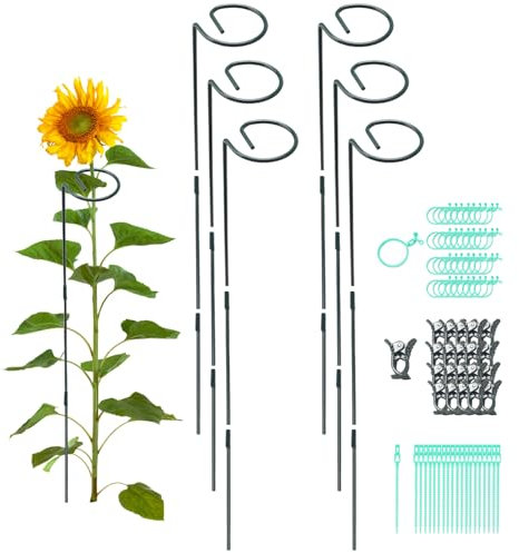 COEWUR 6pc Plant Support Stakes, Thicker 30cm, 60cm,90cm Adjustable Garden Single Stem Metal Plant Support Rings with 60 Orchid Supports for Peonies Tomatos Rose Plants Climbing