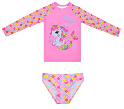 Bañadores de Manga Larga Sets Rashguard Traje de Baño Protección Solar Ropa de Baño para Niñas de 2 a 12 Años (8-10 Years, LA668-Pink)