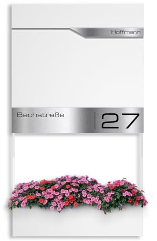 Metzler Briefkasten Verkehrsweiß RAL9016 mit Blumenkasten, Zeitungsfach & Hausnummer – Wandbriefkasten personalisiert Laser Gravur – Postkasten mit Namensschild wasserdicht & rostfrei | Siebert Frame