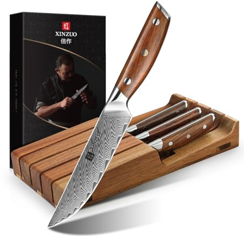 XINZUO Acero Damasco Juego de 5 Cuchillos de Bistec-Premium Cuchillo de Mesa con Madera de Acacia de Bloque Portacuchillos para Cajones -Afilado Hoja Recta Cuchillos de Carne-Mango de Madera de Rosa
