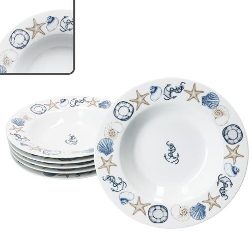 MamboCat Neptun 6er Set Suppenteller I 180ml I Porzellan-Teller mit maritimen Motiven Anker, Muschel & Co für 6 Personen I Tiefe Teller für Salat, Suppe, Müsli, Pasta & Co.