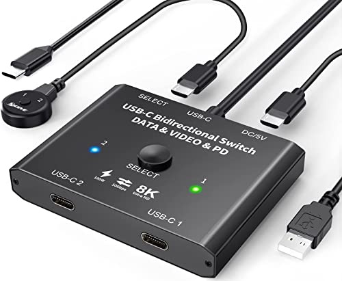 USB C Switch 2 PC 8K@60Hz 4K@120Hz, Bidirektionaler USB C Switcher für 2 PCs, 2 in 1 out/1 in 2 out, 10Gbps Datenübertragung, 100W Aufladen, Type c KVM Switch mit Wired Remote und 2 USBC cables