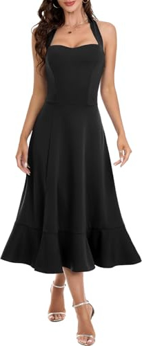 DRESSTELLS Women's Halter Cocktail Dresses Wedding Guest Formal Prom Bridesmaid Tea Length Split Ruffle Summer Dress