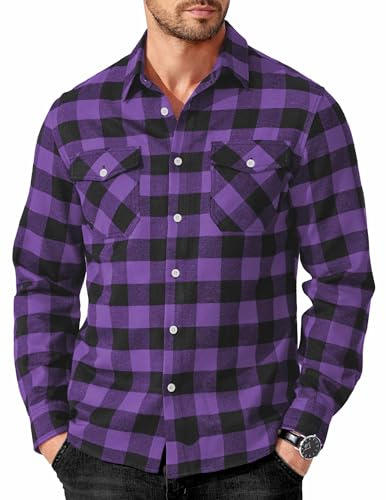 COOFANDY Mens Casual Button Down Shirts Long Sleeve Plaid Flannel Shirts with Two Pockets for Cowboy Purple