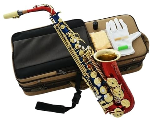 Professionell Saxofon Professionell Rödblå Och Guldfärgad Altsaxofon I Ess Modell Graverad Klocka Med Fodral