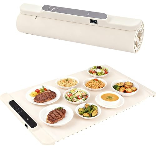 Chauffe-plat électrique avec température réglable de 35 à 100 °C et minuterie de 4 heures, 6 modes de chauffage avec sécurité enfant, chauffage sur toute la surface, pour buffet, fête familiale
