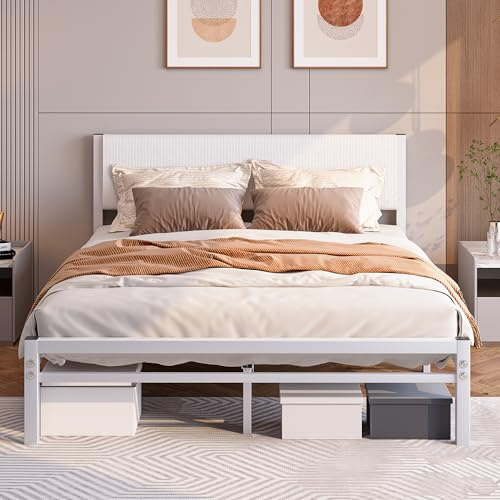 JUISSANO Lit rembourré, 140 x 200 cm, avec espace de rangement et sommier à lattes, en métal, plateforme rembourrée, moderne, pour adolescent, double, avec tête de lit, blanc