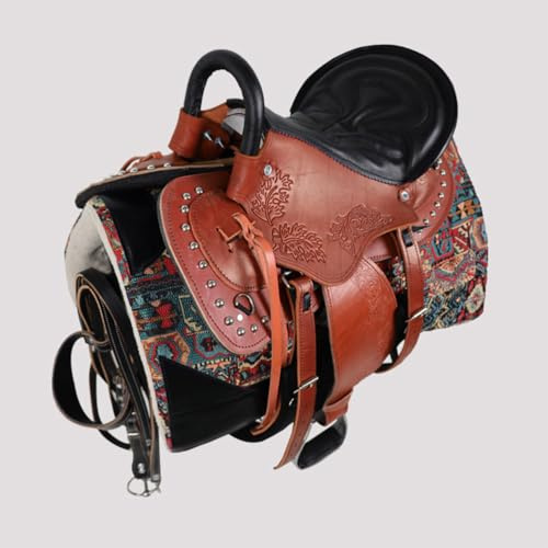 TTZGMTRC Juego de Silla de Montar de Cuero Genuino: Incluye Brida, bocado, riendas, cinchas, estribos y cómoda Almohadilla antisudor. Cuero Multiuso para Montar a Caballo Equipo,Rojo