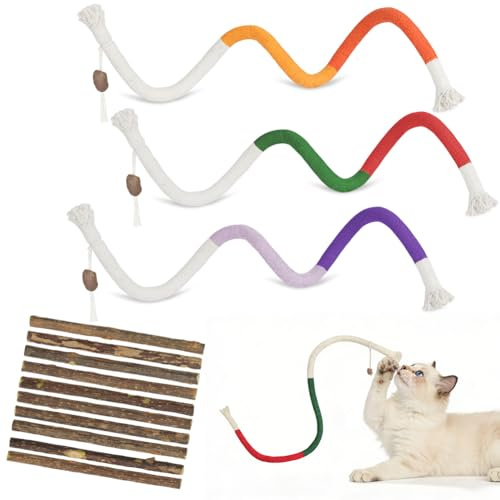 OSDUE 3 Stück Kauspielzeug Katze und 10 Katzenminze Stick, Beißseilen für Katzen, Katzenbeißseil, Katzen Kauhölzer Sticks, Katzenspielzeug, Katzen Zahnpflege und Gegen Mundgeruch