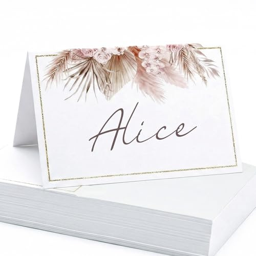 50pcs Boho Wedding Place Cards for Table Pre-Scored Pink Botanical Name Cards for Table Setting, Birthday, Baby Shower, Dinner Party