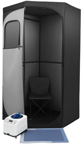 Set sauna a vapore, tenda a 5 angoli, altezza 180 cm, vaporizzatore da 1350 W con 9 livelli di calore, con sedia pieghevole e tappetino, per il benessere privato a casa, colore nero