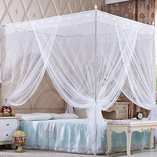 Nattey 4 Corners Princess Bed Curtain Canopy Canopies for Girls Boys Adults Bed Gift Bedroom Decoration (Full, White)