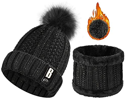 Yuson Girl Conjunto de gorro y bufanda de punto, forro polar de invierno, forro de lana Beanie Hat, calentadores de cuello para mujeres