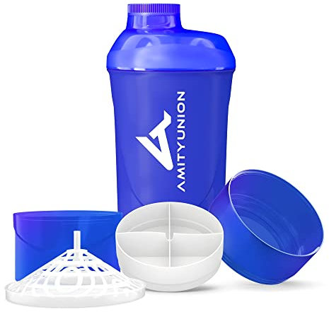 AMITYUNION Shaker per proteine ​​- L'ORIGINALE Senza BPA con setaccio, scala per frullati di siero di latte cremosi, tazze Gym Deluxe per isolati e concentrati sportivi (Tazza Blu Scuro)