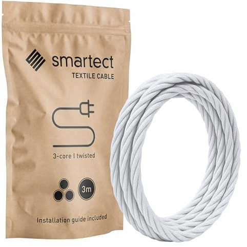 smartect Textilkabel Weiß, 3 Meter Vintage Lampenkabel Stoff Gedreht, 3-Adrig (3 x 0.75 mm²) Stromkabel Textilummantelt für eigenes DIY Projekt