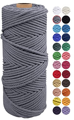 Corde en Macramé, JeogYong Fil de Coton Naturel épais, Corde en Macramé à 3 brins pour Tentures Murale, Cintres, Bricolage, Décorations pour La Maison, Emballage Cadeau 2mm x 100m (Gris)