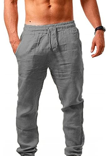 Sprifloral Men's Linen Casual Pants Drawstring Lightweight Summer Beach Trouser Grey XL