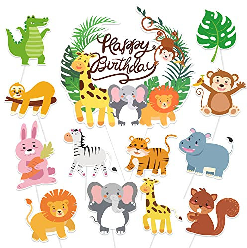DPKOW 37pcs Jungle Animaux Décorations de Gâteaux de Anniversaire pour Enfants, Happy Birthday Cupcake Cake Topper pour Enfants Safari Animaux Décorations de Gâteaux de Anniversaire