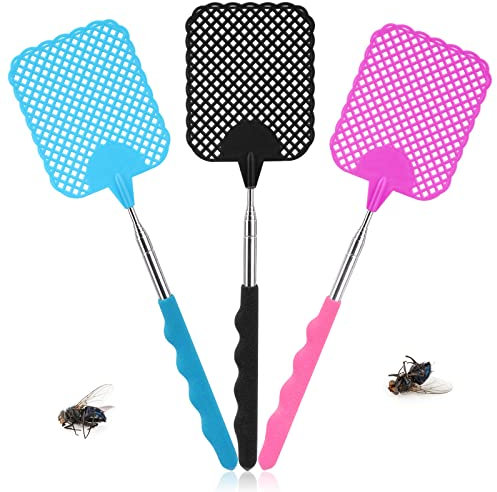 TAKUZA Fliegenklatsche 3 Stück, Fliegenklatsche Ausziehbar,mit Integriertem Mückenschaber, für Verwendet, um Fliegen, Wespen, Mücken und Andere Insekten Abzuwehren (Schwarz, Blau，Rosa)