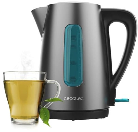 Cecotec Hervidor de Agua Eléctrico de 1,7L Thermosense 210 Steel. 2200W, Cuerpo de Acero Inoxidable, Base con Giro de 360º, Asa Ergonómica Tacto Frío, Indicador Luminoso, Doble Sistema de Protección
