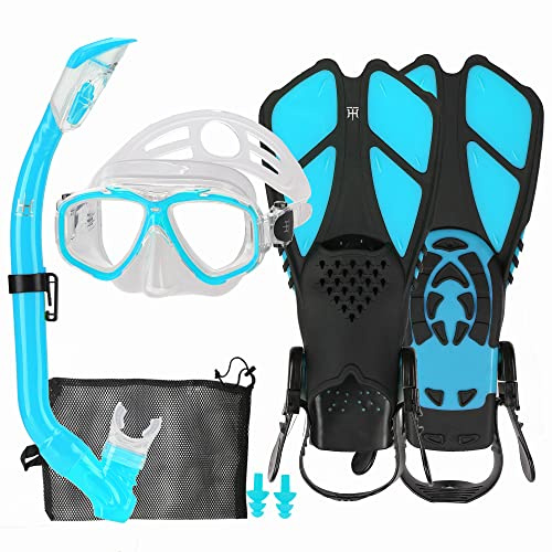 HH HHAO SPORT Set da snorkeling per bambini con pinne, panoramica a 180°, pinne regolabili, maschera subacquea di alta qualità e boccaglio Dry Top con custodia per il trasporto