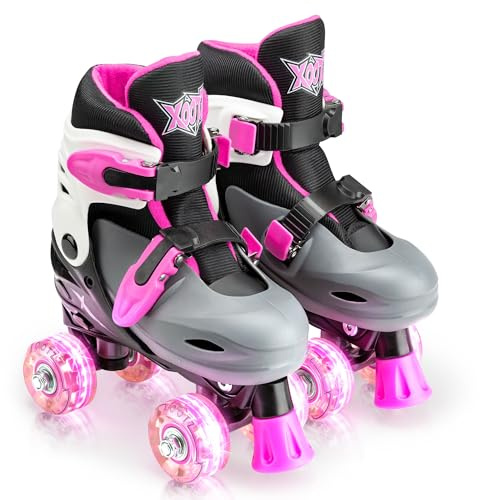 Xootz Roller Skates, Kids Adjustable Quad Skates for Beginners, with Light Up LED Wheels, Multiple Colours and Sizes, Ages 5+